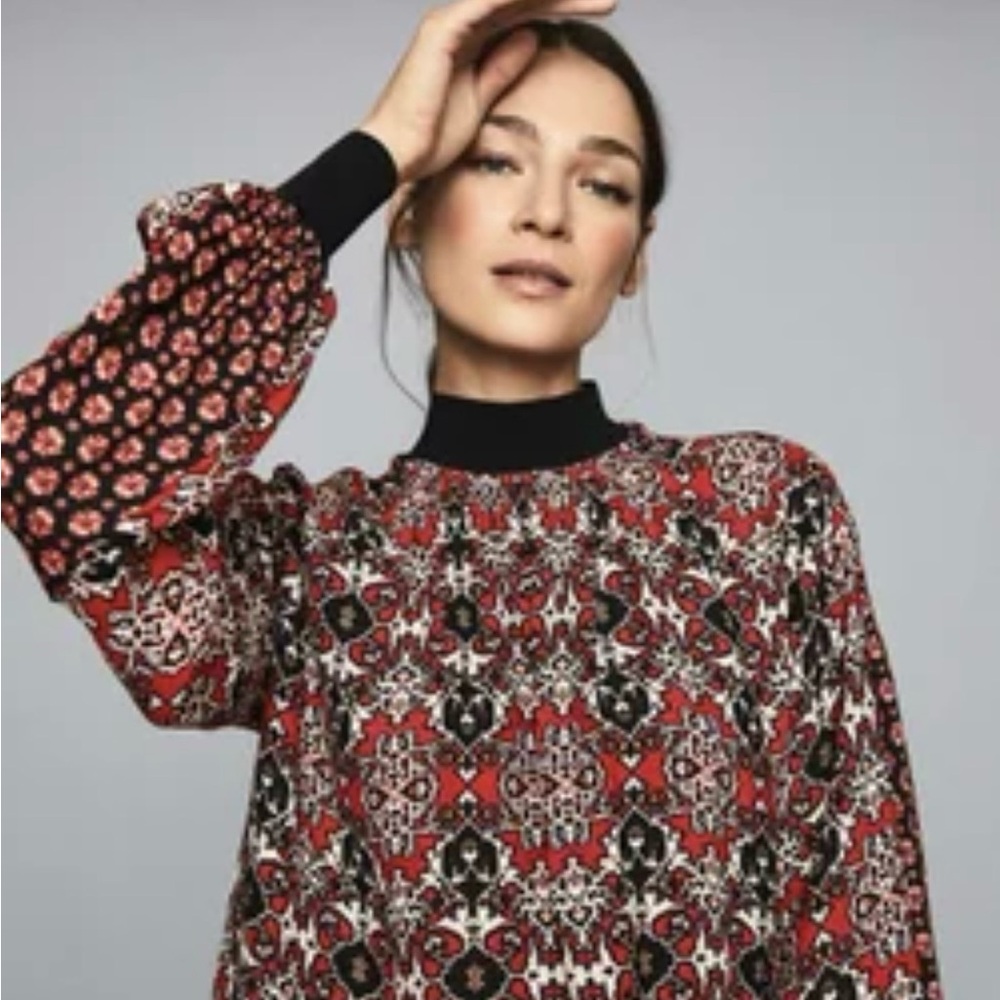 REISS Maisie Patchwork Long Sleeve Printed Blouse Black & Red Career Size 6 - Picture 4 of 14